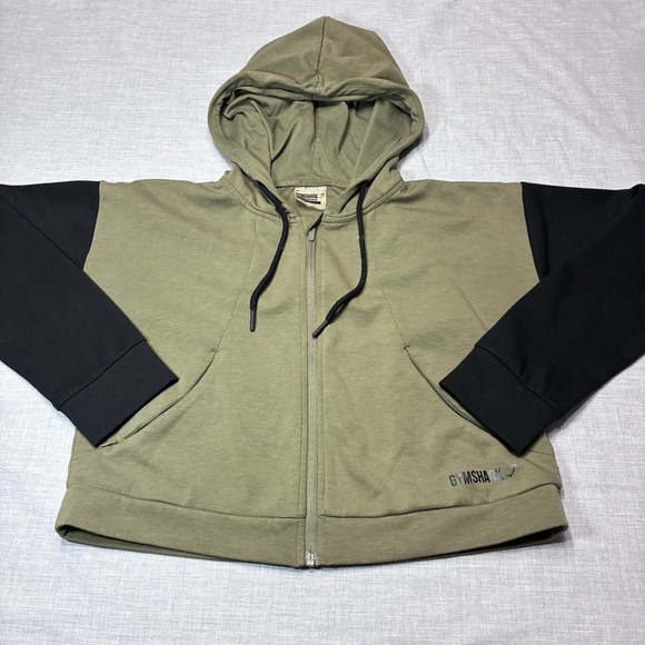 Gymshark Tops - Gymshark Cropped Hoodie Womens Small Green Black Full Zip Hood Athletic